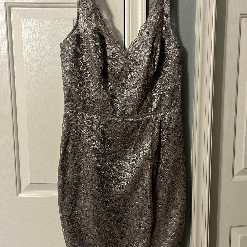 David Bridal Silver/Grey Lace Sheath Dress With V Neckline